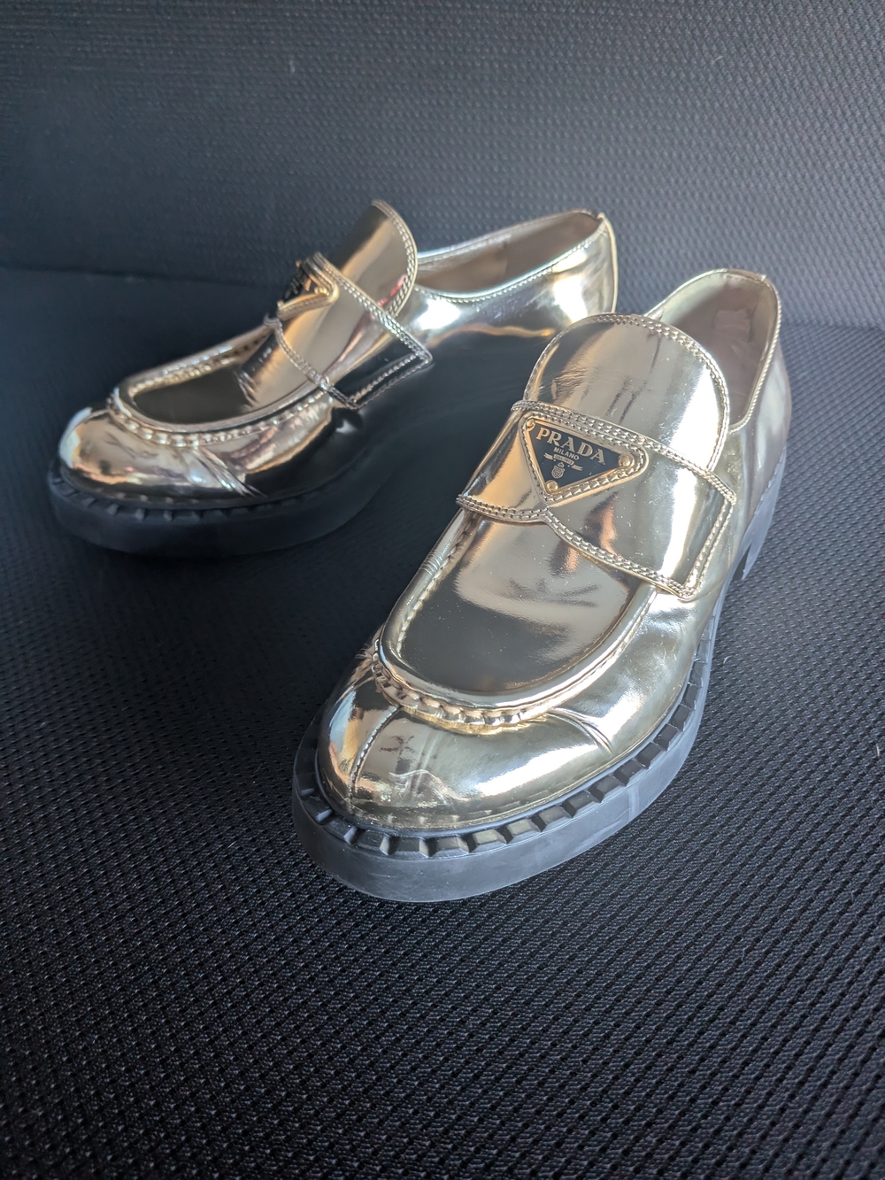 Prada Women’s Metallic Gold Leather Loafers - Picture 9 of 16